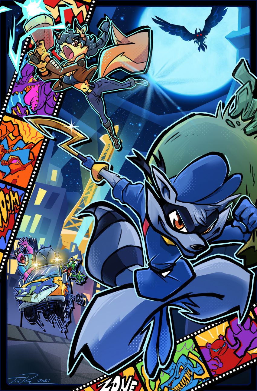 2girls, 6+boys, absurdres, carmelita_fox, chasing, clockwerk_(sly_cooper), crocodile_girl, dog_boy