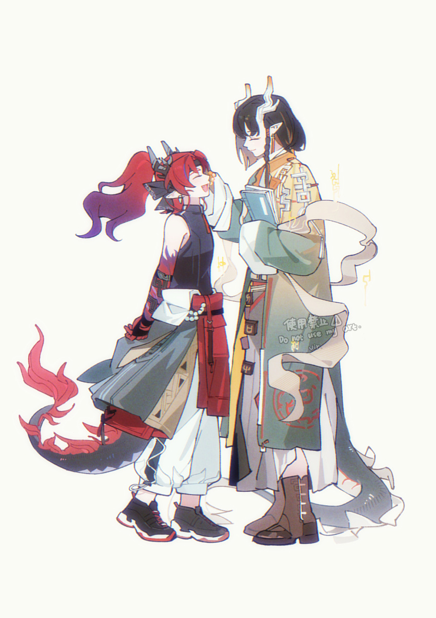 1boy, 1girl, absurdres, ankle_boots, arknights, arms_behind_back, bbrah_v, black_hair