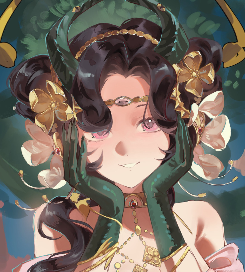1girl, anjo_nala, anjo_nala_(forbidden_fruit), bare_shoulders, black_hair, blue_background, commentary, cropped