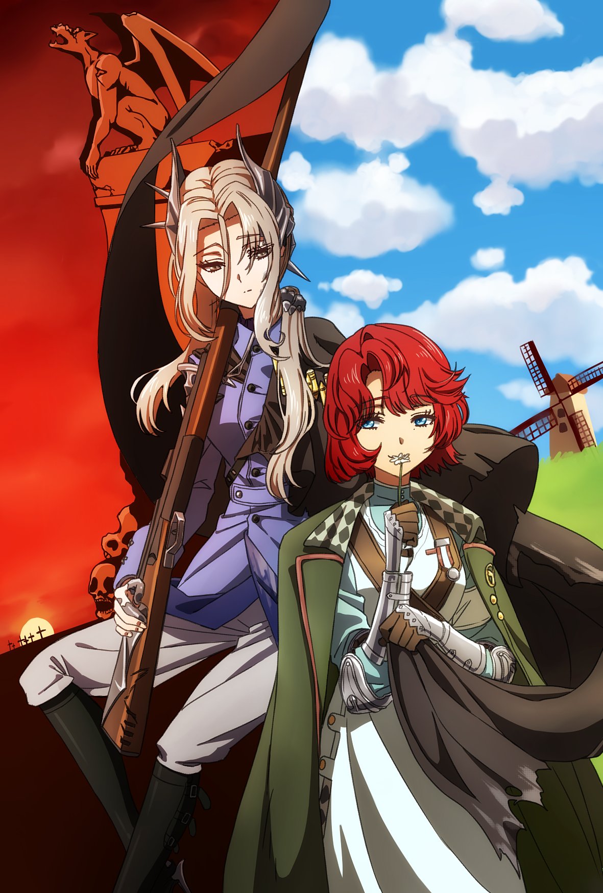 2girls, black_boots, black_cape, black_jacket, blue_eyes, blue_shirt, blue_sky, boots