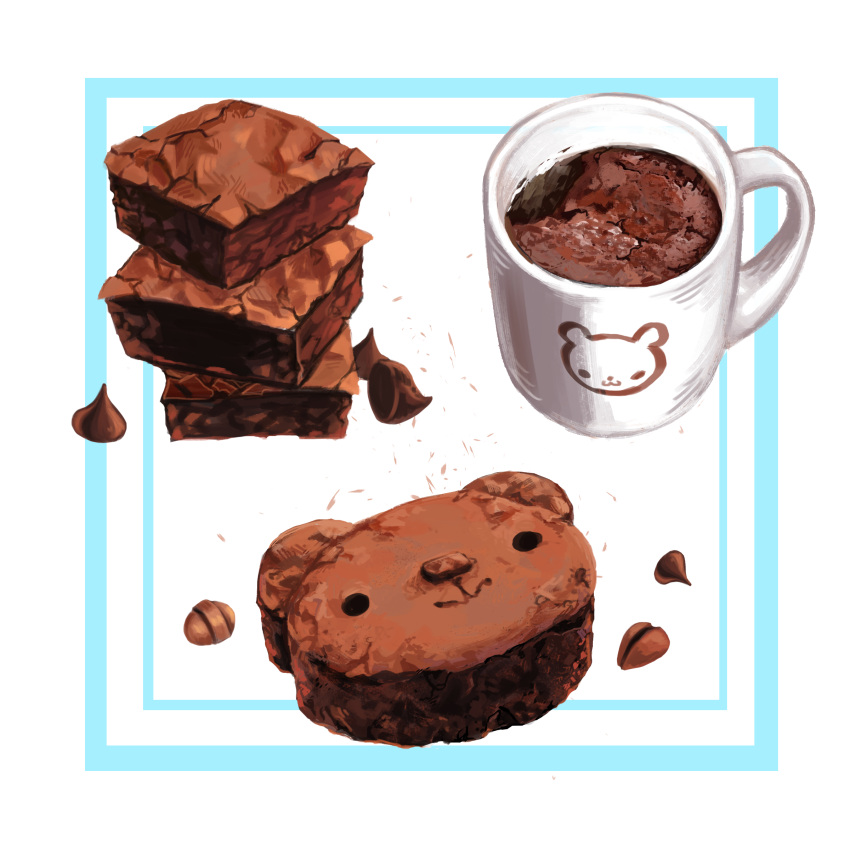 absurdres, animal-themed_food, brownie_(food), chocolate, coffee_mug, commentary, cup, english_commentary
