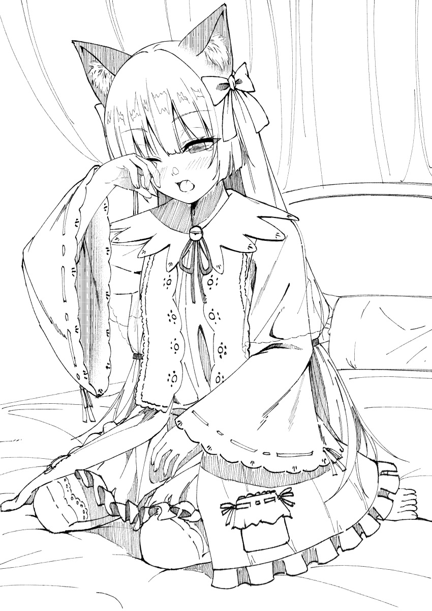 1girl, absurdres, animal_ear_fluff, animal_ears, barefoot, bell, blunt_bangs, blunt_ends