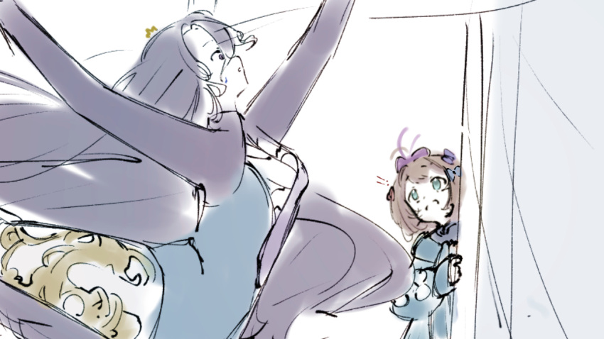 2girls, :o, arms_up, athletic_leotard, attitude_derriere, black_hair, blue_dress, blue_eyes