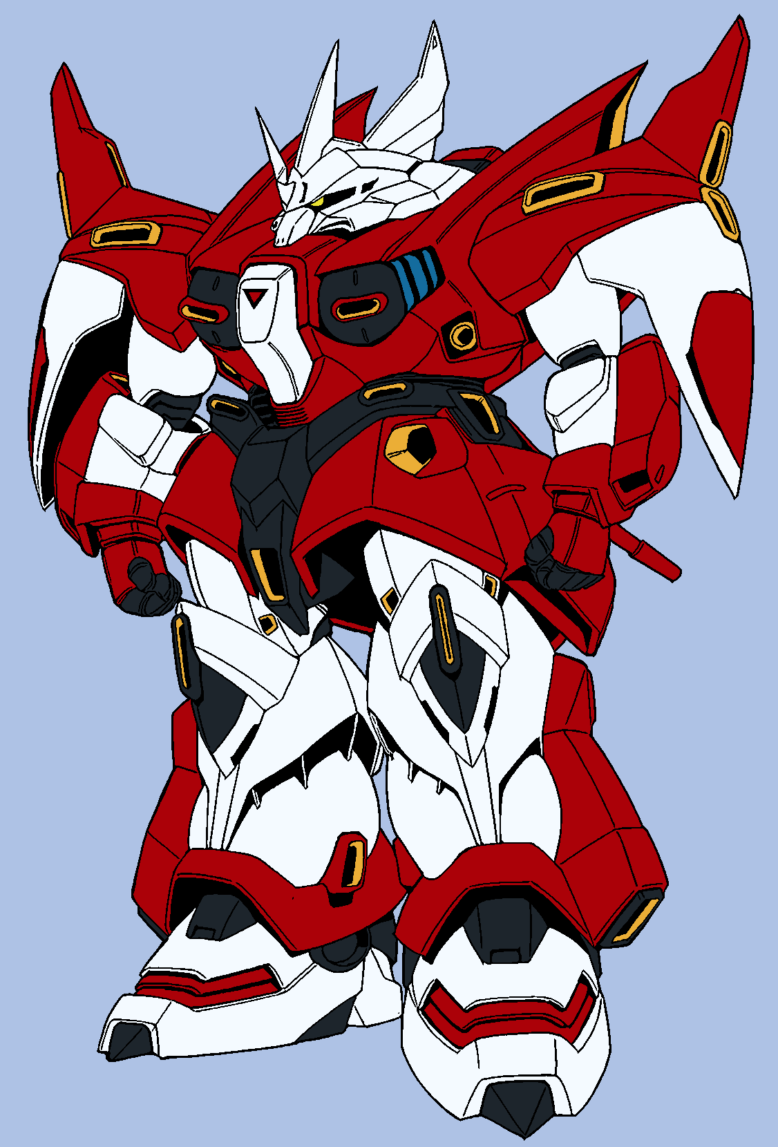 1990s_(style), colored_lineart, darksungo, english_commentary, grey_background, gundam, gundam_f91_formula_report_0122, highres, mecha, mecha_focus, mobile_suit, neo_zeon, no_humans, one-eyed, ookawara_kunio, retro_artstyle, rf_gelgoog, robot, scan, science_fiction, third-party_edit, traditional_media