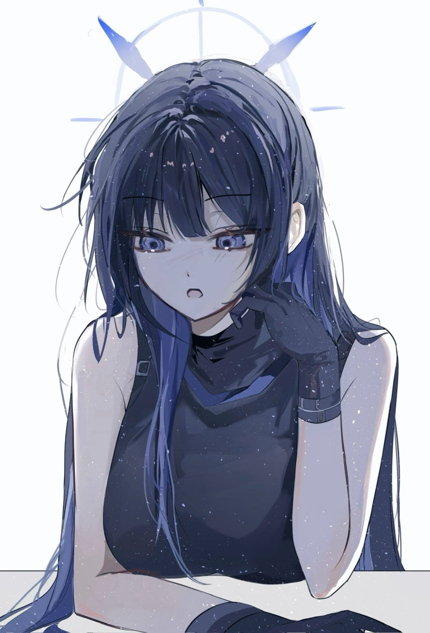 1girl, black_gloves, blue_archive, blue_eyes, blue_hair, blue_halo, breasts, colored_inner_hair