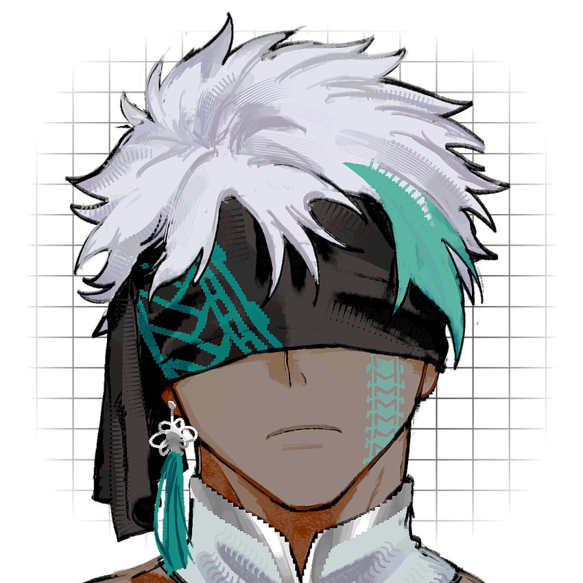 1boy, am_njk, blindfold, centipede_tattoo, chinese_knot, close-up, closed_mouth, commentary_request