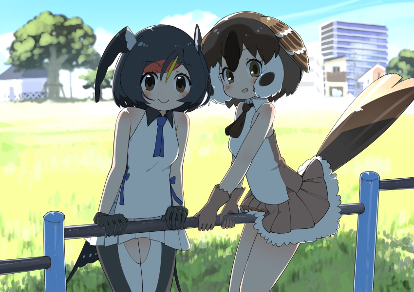 2girls, :d, animal_ears, bare_shoulders, barn_swallow_(kemono_friends), black_gloves, black_hair, black_skirt