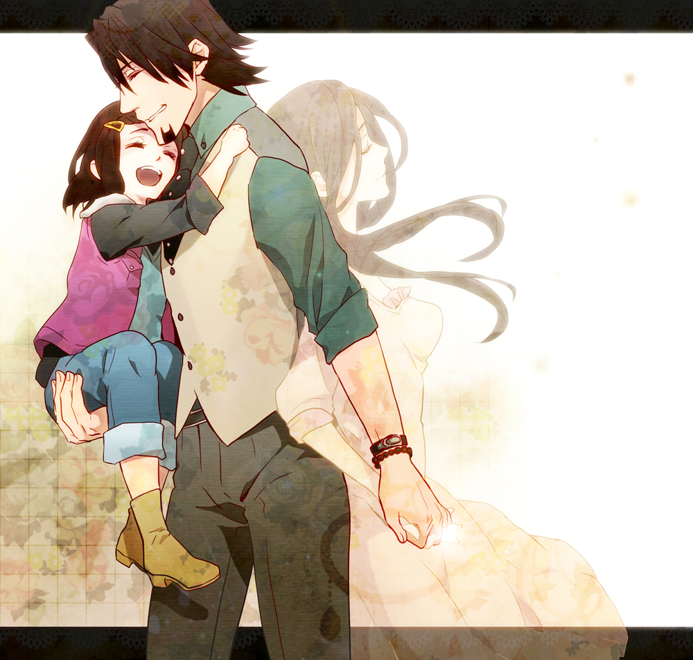 amamiya_tomoe, bracelet, brown_hair, carrying, closed_eyes, daughter, dress, eyes_closed
