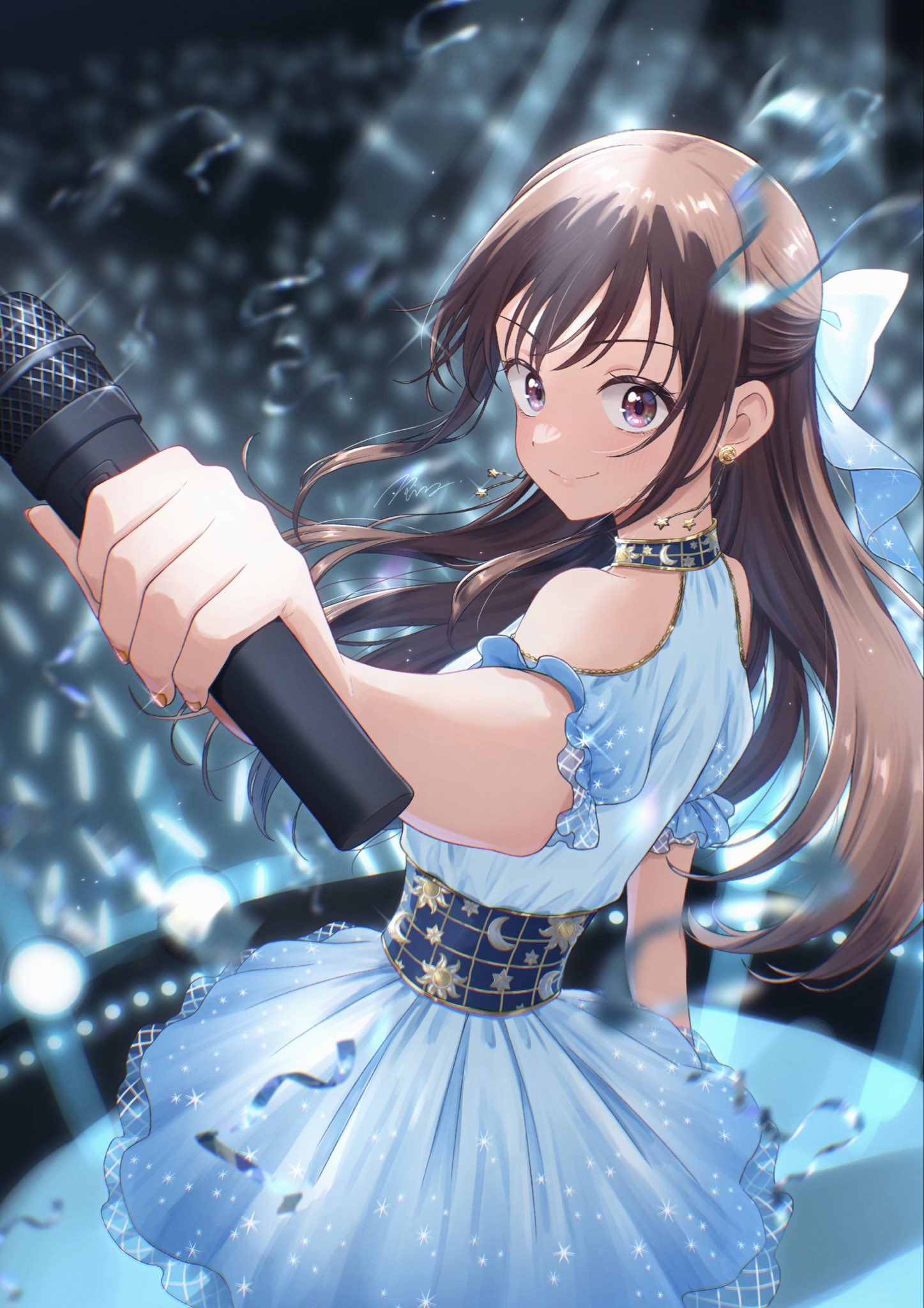 1girl, aisaka_youko, blue_dress, blurry, blurry_background, brown_eyes, brown_hair, choker