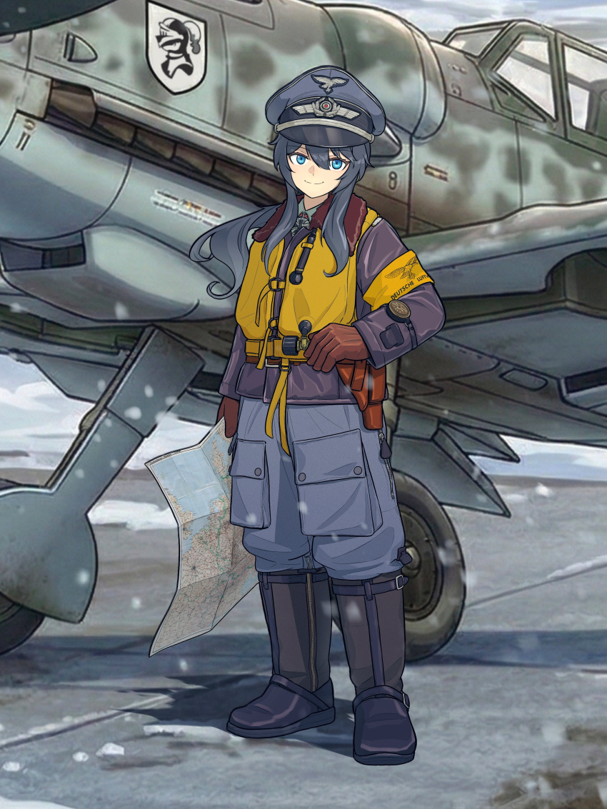 1girl, absurdres, aircraft, airplane, bf_109, black_boots, black_hair, blue_eyes, bomber_jacket, boots, brown_gloves, gloves, hat, highres, jacket, long_hair, looking_at_viewer, messerschmitt, mg_g, military_hat, military_uniform, original, outdoors, peaked_cap, solo, wehrmacht