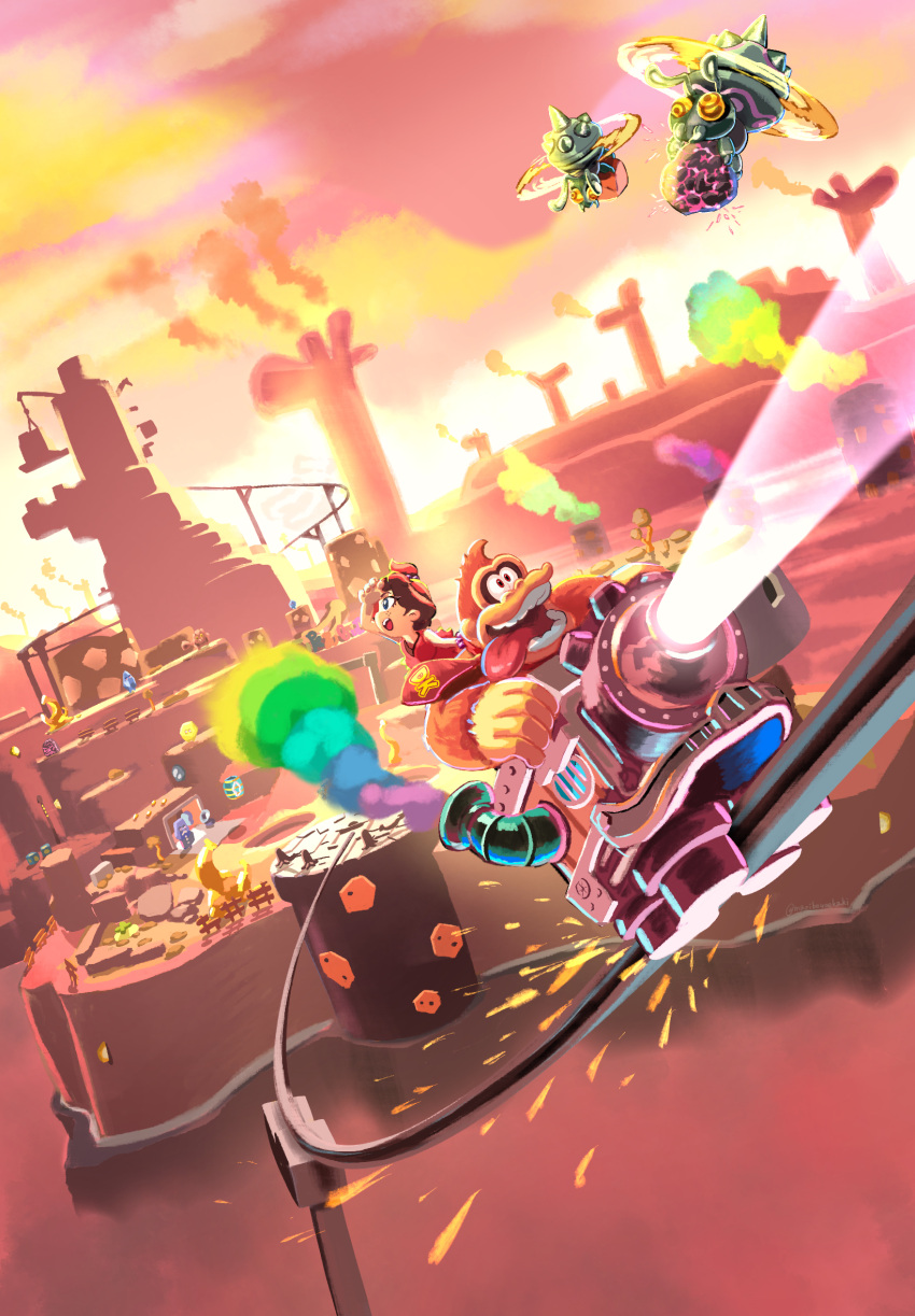 1boy, 1girl, ape, commentary_request, donkey_kong, donkey_kong_(series), donkey_kong_bananza, dress