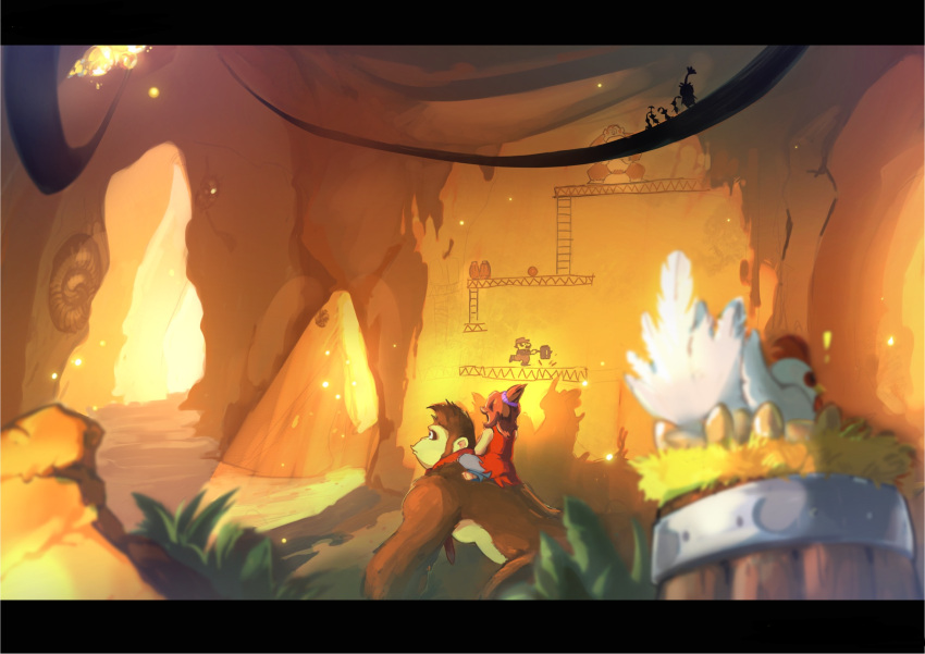 1boy, 1girl, ape, barrel, bird, brown_hair, chicken, closed_mouth