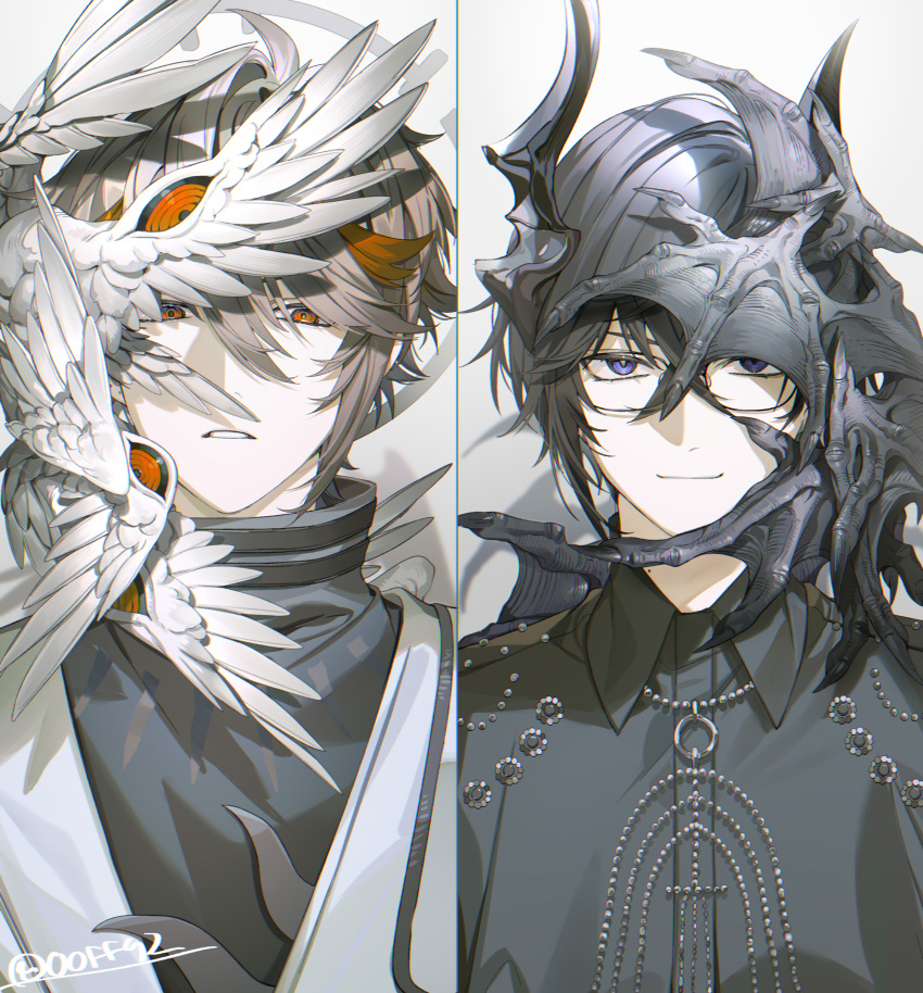 00ff42, 2boys, absurdres, artist_name, bead_necklace, beads, black_hair, eye_mask