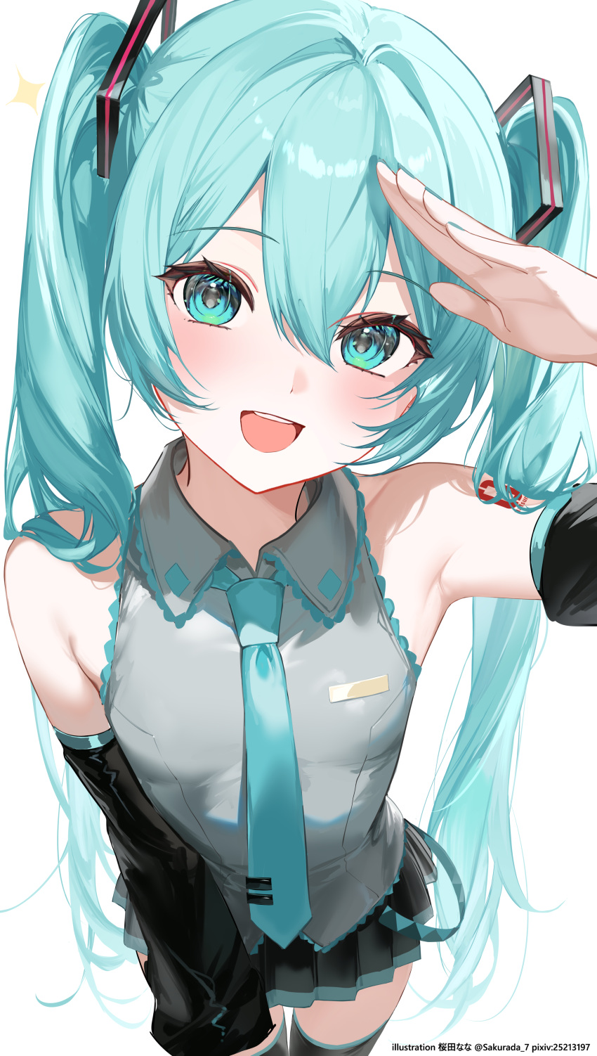 1girl, absurdres, aqua_eyes, aqua_hair, aqua_nails, aqua_necktie, aqua_trim, arm_up