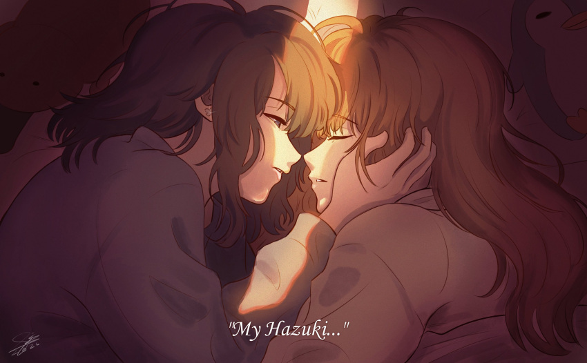 2girls, black_hair, brown_hair, closed_eyes, commentary, earrings, english_commentary, english_text