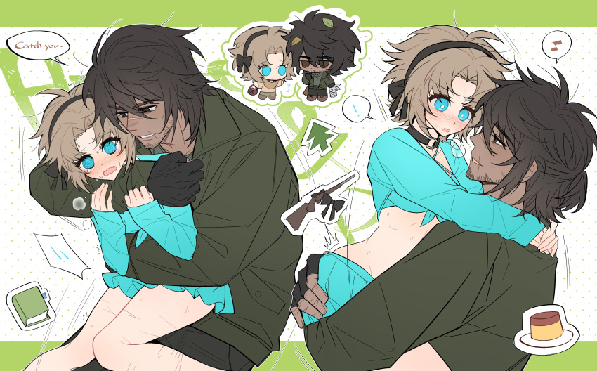 !, !!, 1boy, 1girl, absurdres, aqua_eyes, aqua_skirt, arm_around_neck