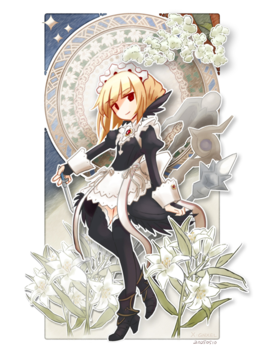1girl, absurdres, apron, black_boots, black_thighhighs, blonde_hair, bob_cut, boots