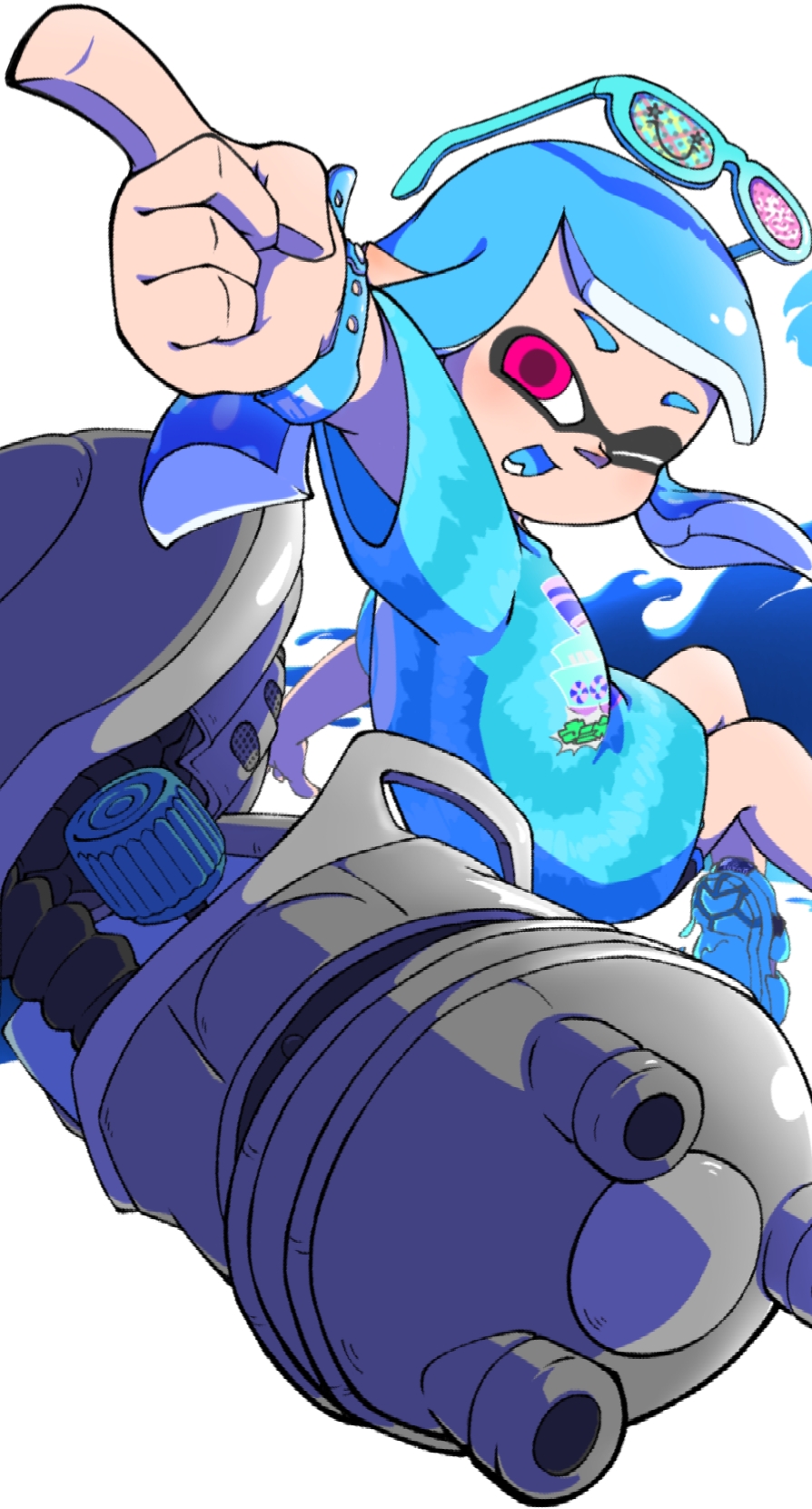 1girl, bayu, black_shorts, blue_hair, blue_shirt, bracelet, commentary_request, gun, highres, index_finger_raised, inkling, inkling_girl, inkling_player_character, jewelry, long_hair, long_sleeves, looking_at_viewer, one_eye_closed, open_mouth, pointy_ears, shirt, shorts, simple_background, solo, splatoon_(series), tentacle_hair, weapon, white_background