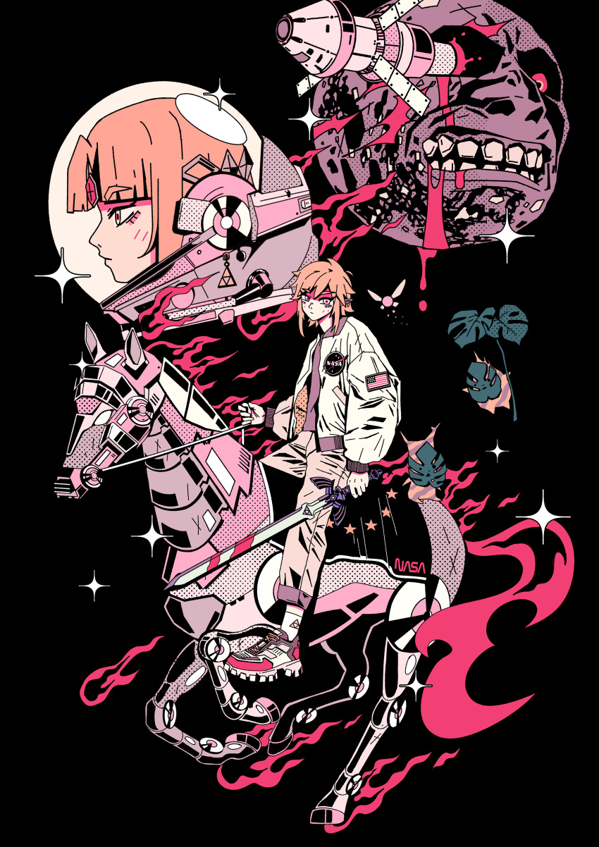 1boy, 1girl, absurdres, american_flag, arkestar, black_background, blonde_hair, breasts