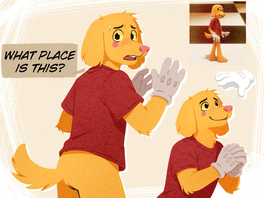 1boy, absurdres, animal_ears, disembodied_hand, dog_boy, dog_ears, dog_tail, english_commentary