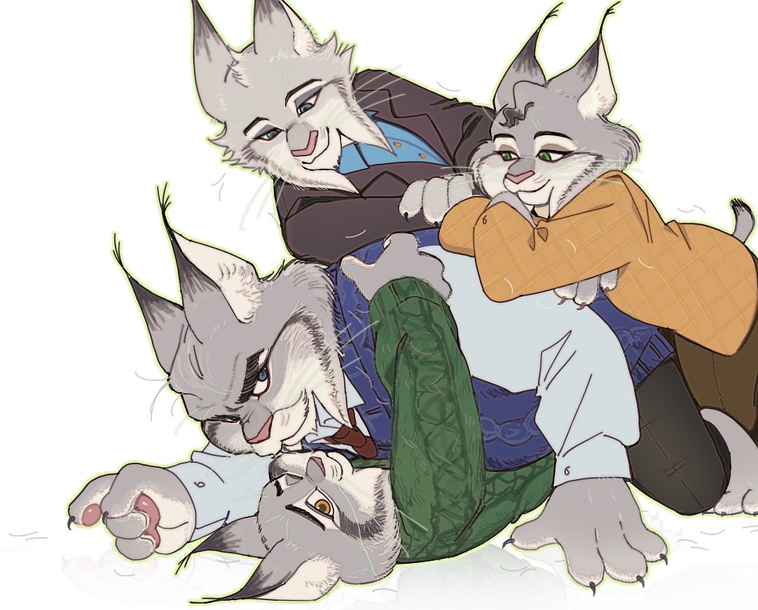 1girl, 3boys, animal_ears, blue_shirt, blue_sweater_vest, brown_coat, cat_boy, cat_ears, cat_tail, cattrick_lynxley, claws, closed_mouth, coat, commentary_request, furry, furry_female, furry_male, green_sweater, grey_fur, hjdoak, hug, kitty_lynxley, korean_commentary, looking_at_another, looking_at_viewer, looking_down, looking_up, milton_lynxley, multiple_boys, necktie, on_ground, one_eye_closed, orange_coat, pawbert_lynxley, pawpads, red_necktie, shirt, smile, sweater, sweater_vest, tail, whiskers, white_background, white_shirt, zootopia_2