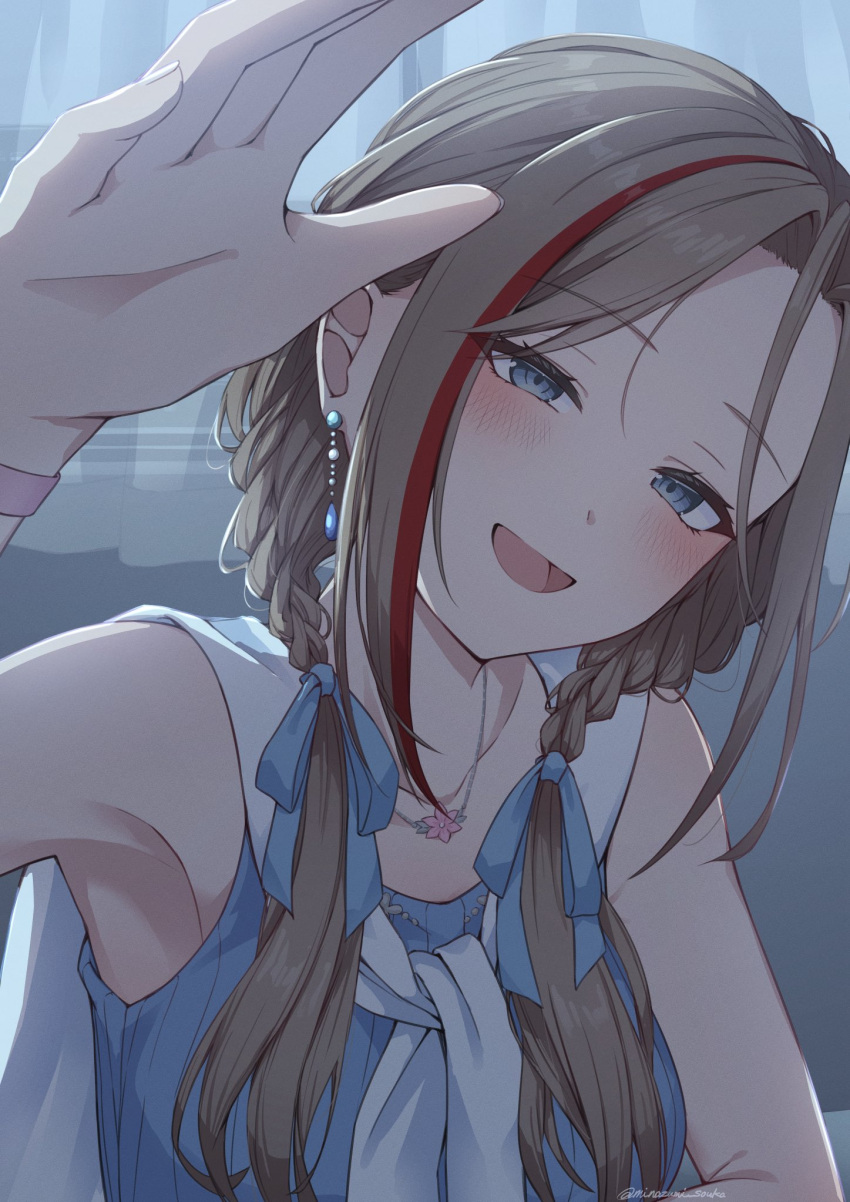 1girl, bare_arms, bare_shoulders, blue_eyes, blue_ribbon, blue_shirt, blush, braid