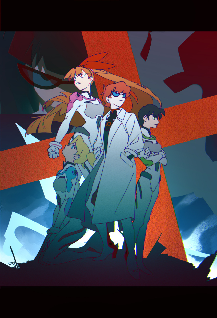 3girls, black_hair, blonde_hair, blossom_(ppg), blue-tinted_eyewear, blue_eyes, blunt_bangs, bodysuit