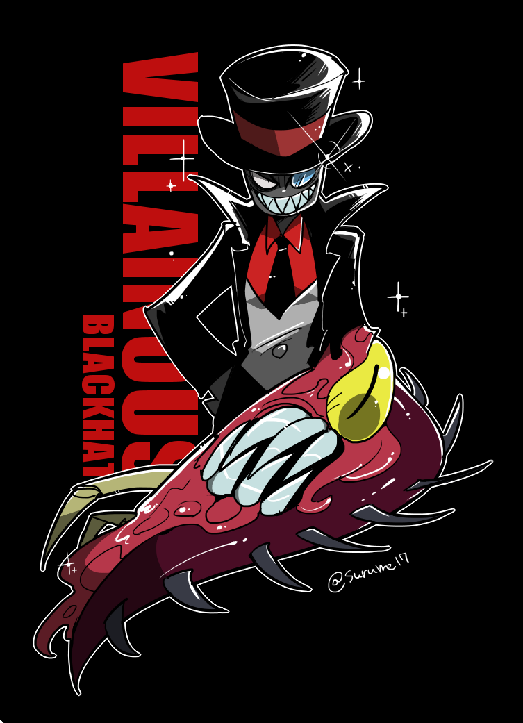1boy, black_background, black_coat, black_hat, black_hat_(villainous), black_necktie, character_name, coat