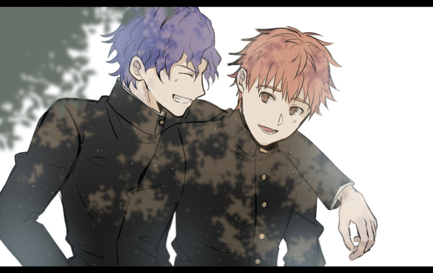 2boys, arm_around_shoulder, blue_hair, buttons, commentary_request, emiya_shirou, fate/stay_night, fate_(series), gakuran, grin, happy, kanya610, letterboxed, long_sleeves, male_focus, matou_shinji, multiple_boys, open_mouth, orange_hair, ringed_eyes, school_uniform, short_hair, smile, upper_body