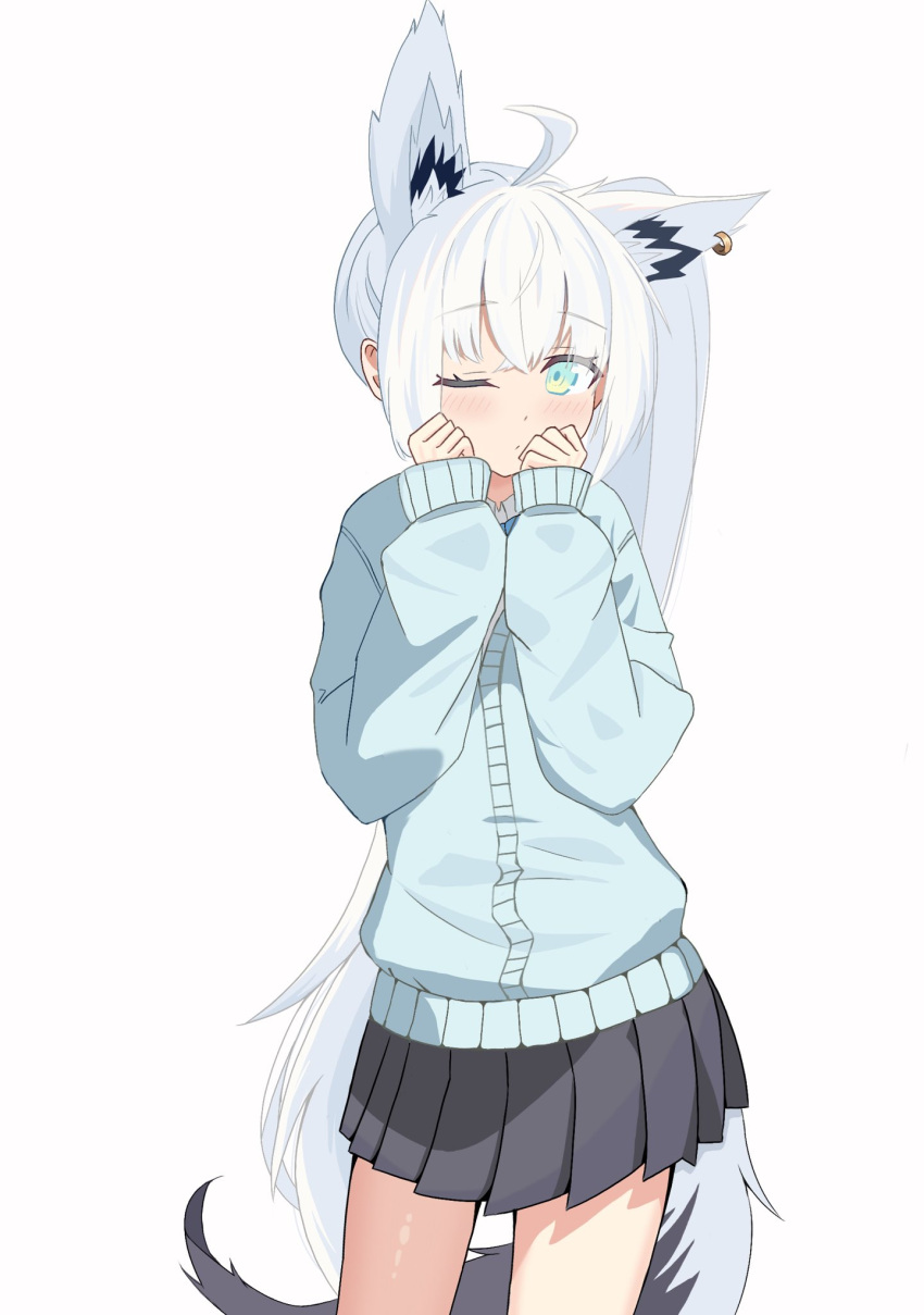 1girl, ahoge, alternate_costume, animal_ear_piercing, animal_ears, aqua_eyes, black_skirt, blue_jacket