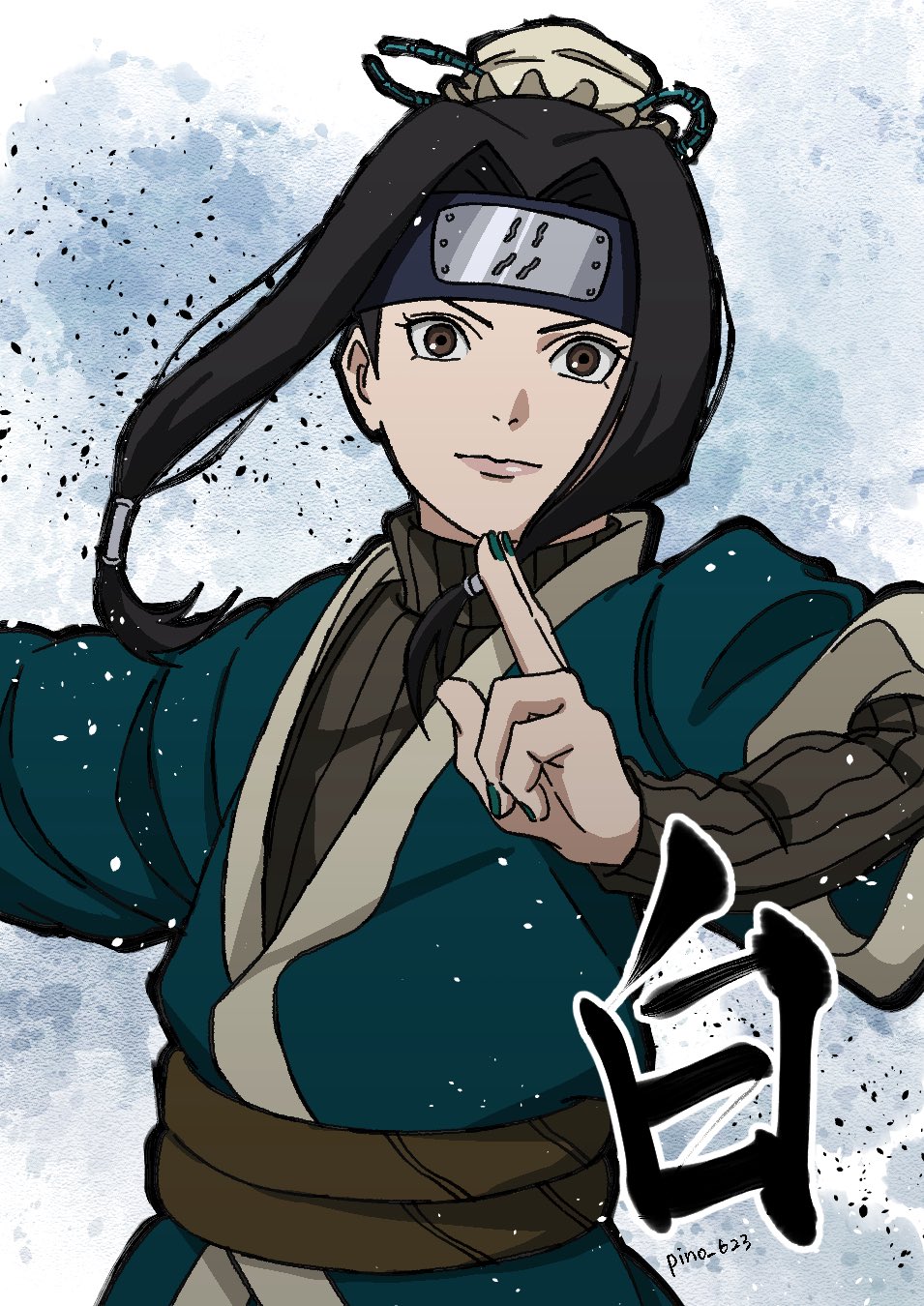 1boy, artist_name, black_hair, black_sweater, brown_eyes, commentary_request, forehead_protector, green_kimono