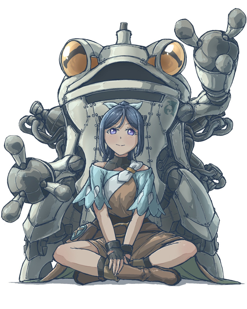 1girl, black_gloves, blue_hair, blue_shirt, boots, brown_boots, brown_dress, closed_mouth