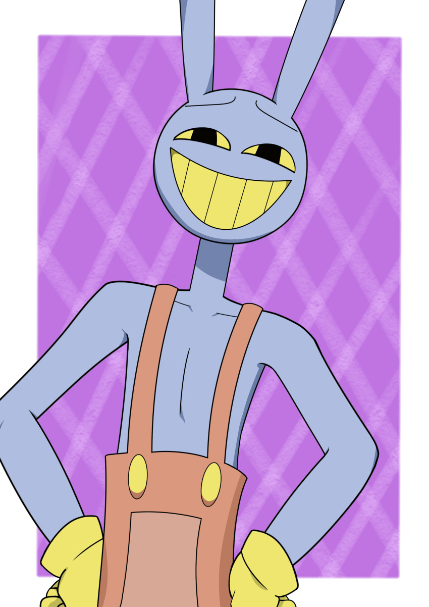 1boy, absurdres, animal_ears, colored_sclera, colored_skin, colored_teeth, commentary_request, dress, furry, furry_male, gloves, highres, jax_(the_amazing_digital_circus), jaxelev, looking_at_viewer, male_focus, overalls, pinafore_dress, pink_overalls, purple_skin, rabbit, rabbit_boy, sleeveless, sleeveless_dress, smile, teeth, the_amazing_digital_circus, yellow_gloves, yellow_sclera