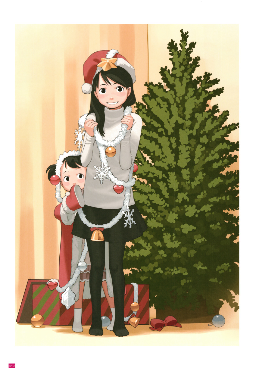 2girls, absurdres, ankle_socks, black_pantyhose, black_skirt, blush, border, box