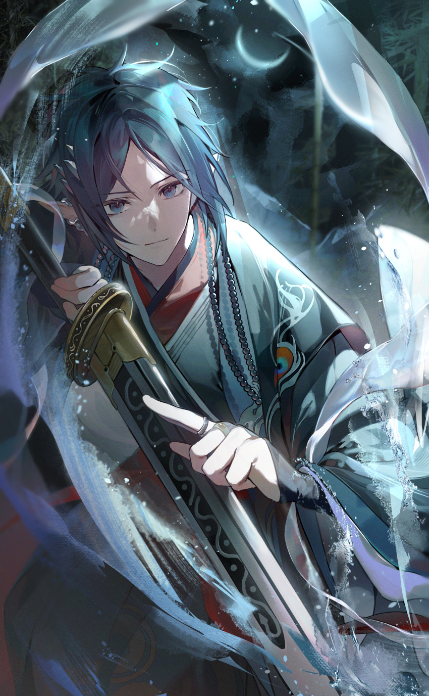 1boy, absurdres, arknights, black_hair, blue_eyes, bridal_gauntlets, closed_mouth, commentary