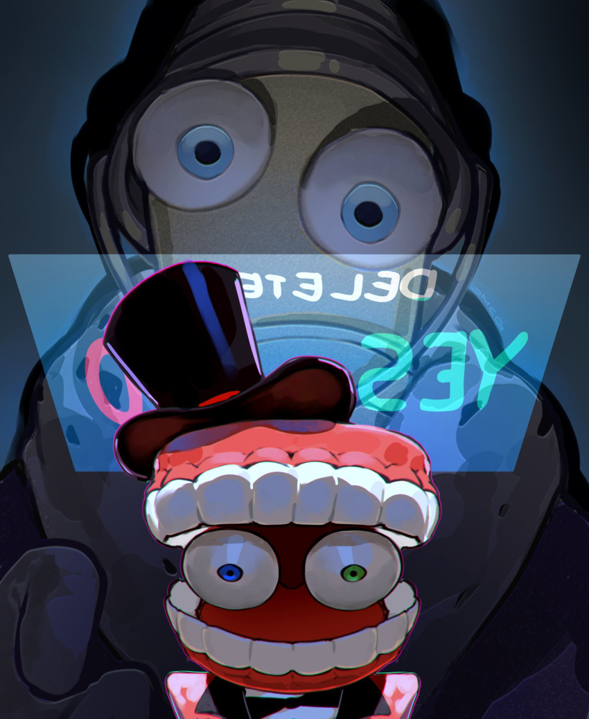 2boys, black_bow, black_bowtie, blue_eyes, bow, bowtie, bucket_hat, caine_(the_amazing_digital_circus)
