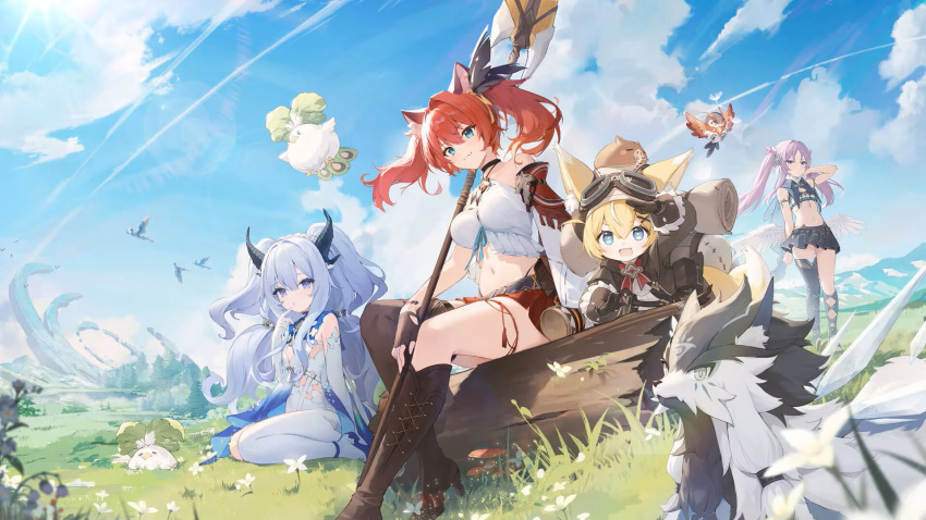 4girls, :d, abby_(azur_promilia), animal_ears, azur_promilia, blonde_hair, blue_eyes, cabbird_(azur_promilia)