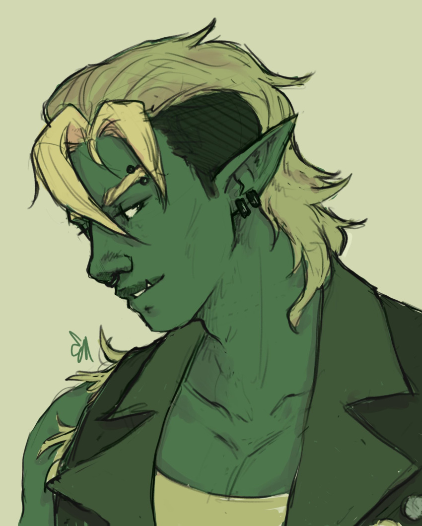 1boy, blonde_hair, cheekbones, colored_skin, commentary, drawfee, drawtectives, earrings