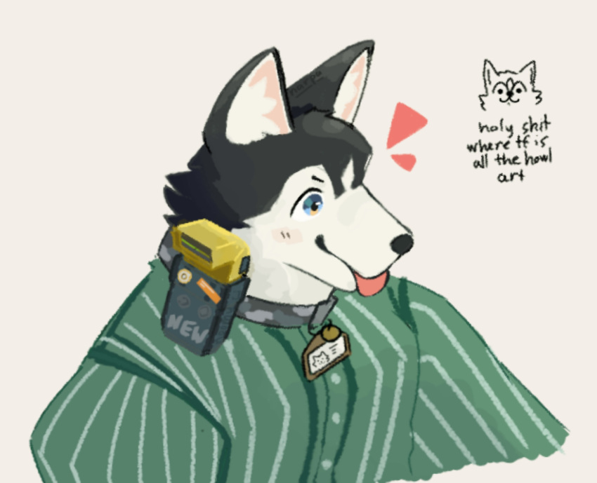1boy, animal_ears, black_fur, closed_mouth, dog_boy, dog_ears, english_text, furry, furry_male, green_shirt, highres, howl_(zenless_zone_zero), looking_to_the_side, male_focus, multicolored_fur, name_tag, narpanoomy, notice_lines, shirt, smile, tongue, tongue_out, white_fur, zenless_zone_zero