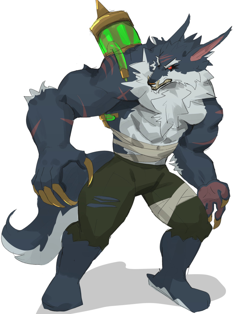 1boy, absurdres, animal_ears, buntot, claws, clenched_teeth, fangs, furry