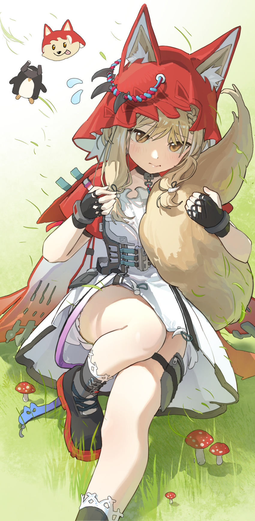 1girl, absurdres, animal_ears, arknights, arknights:_endfield, black_gloves, chinese_commentary, commentary_request, dress, ears_through_headwear, endministrator_(arknights), fingerless_gloves, gloves, highres, hood, jimizuai-, rossi_(arknights), solo, solo_focus, tail, white_dress