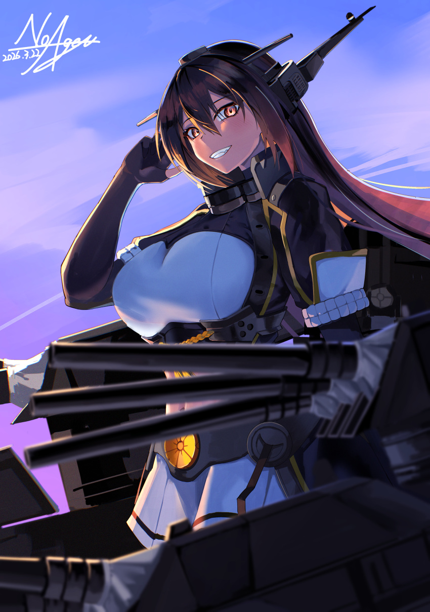 1girl, absurdres, black_gloves, black_hair, breasts, cannon, collar, commentary_request