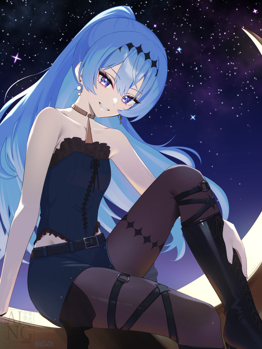1girl, :d, bare_arms, black_boots, black_pantyhose, blue_bustier, blue_eyes, blue_hair