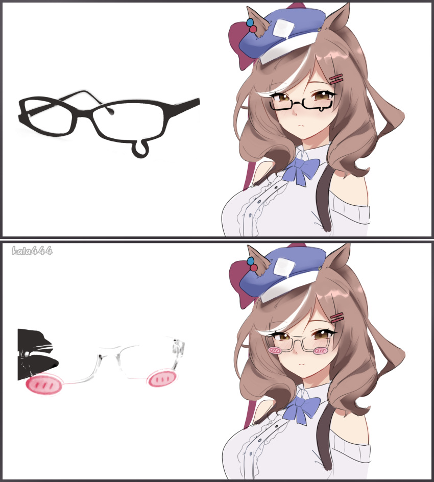 absurdres, animal_ears, blue_hat, brown_hair, commentary, ear_covers, ear_ornament, ears_through_headwear