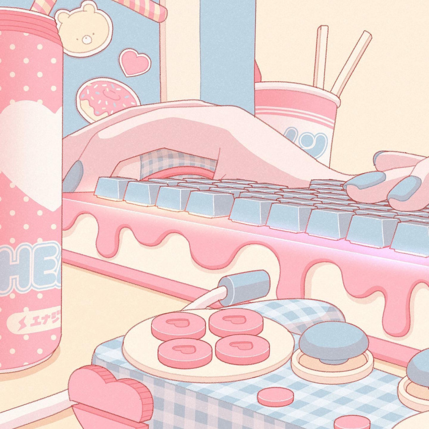 1girl, bear_sticker, blue_nails, can, chopsticks, commentary, computer_keyboard, computer_mouse, controller, donut_print, drinking_straw, food_print, game_controller, heart, heart_ornament, heart_sticker, highres, indoors, nekomaru0817, original, pastel_colors, scenery, solo, sticker