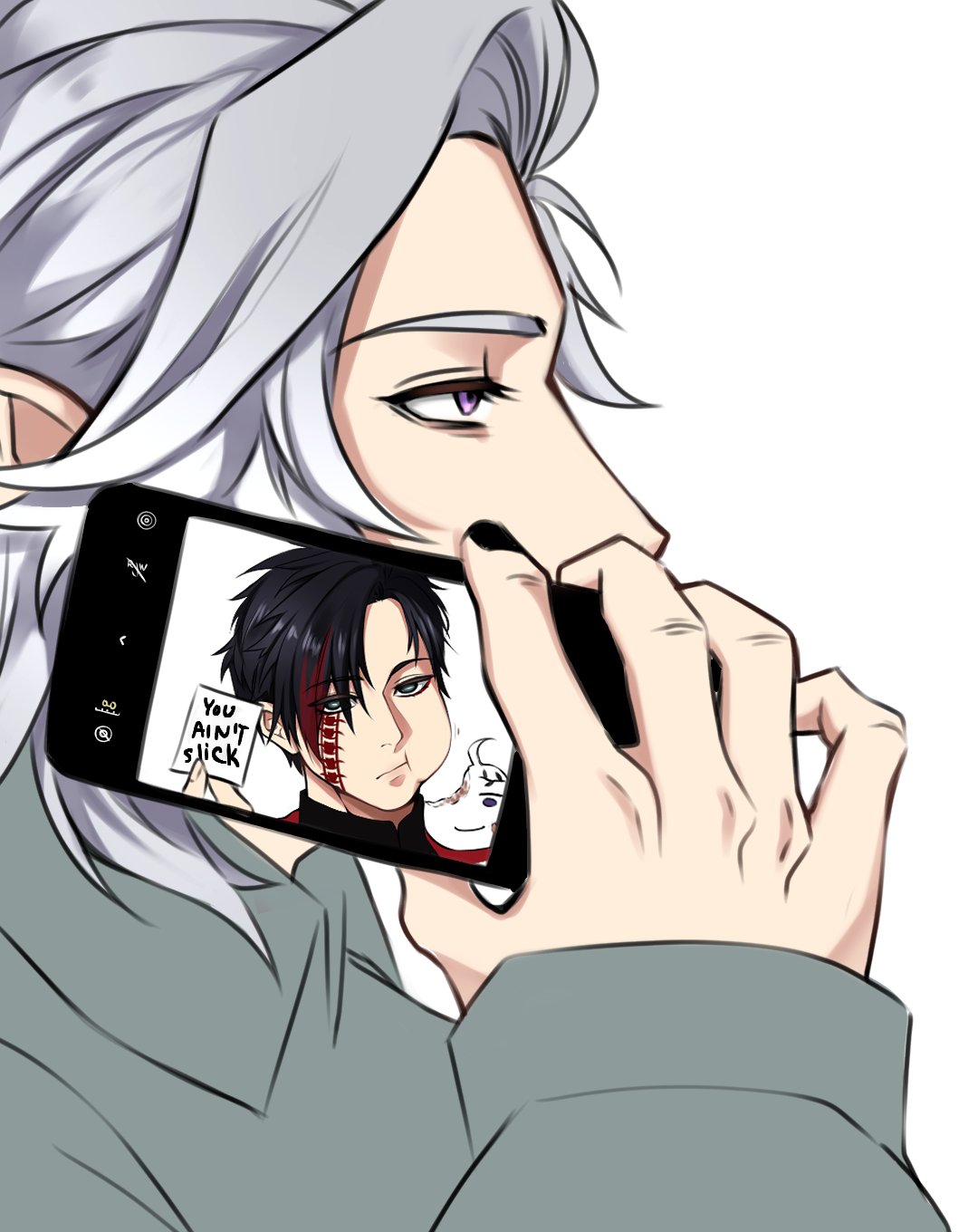 2boys, black_eyes, black_hair, bright_pupils, cellphone, centipede_tattoo, chewing, chopsticks