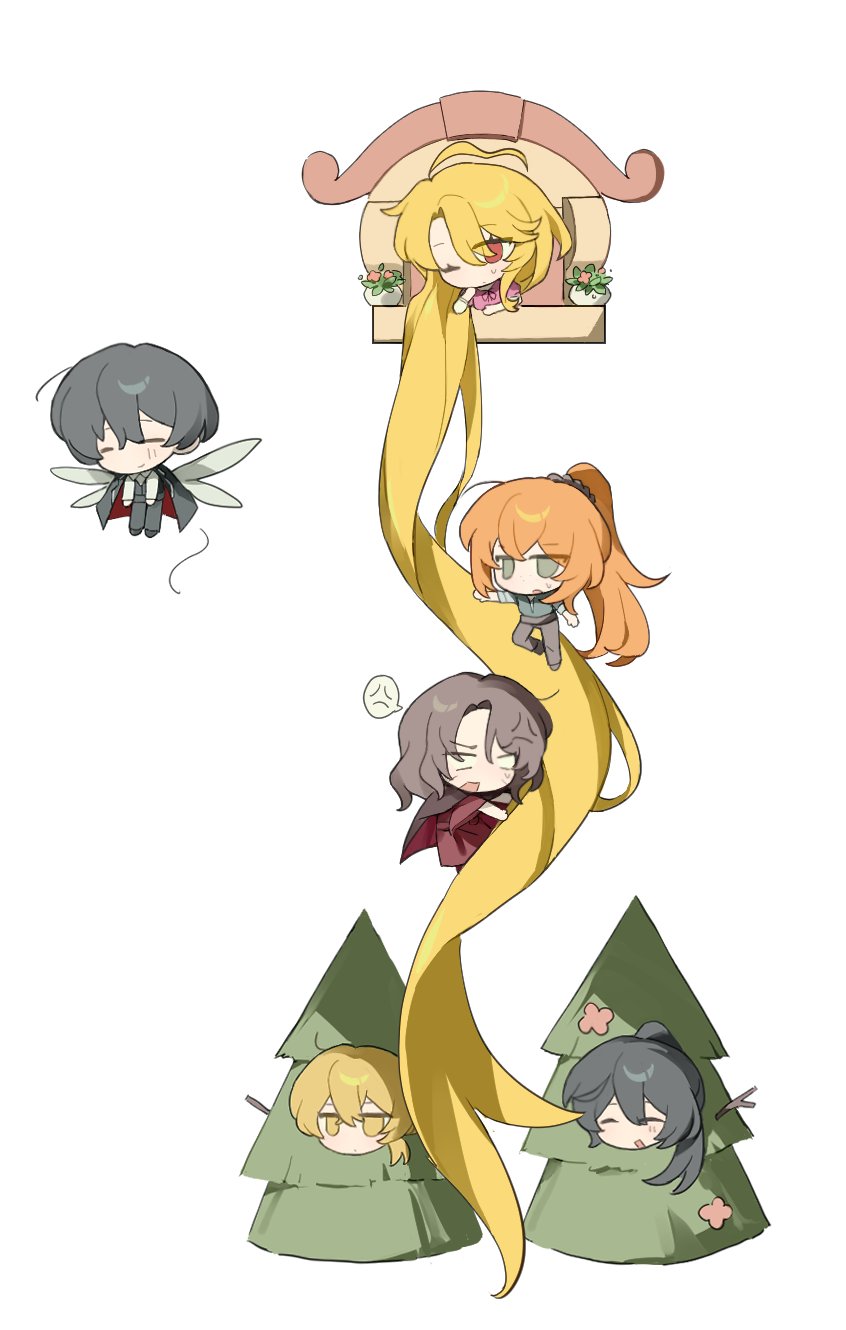 3boys, 3girls, ahoge, anger_vein, black_hair, blonde_hair, commentary, cosplay