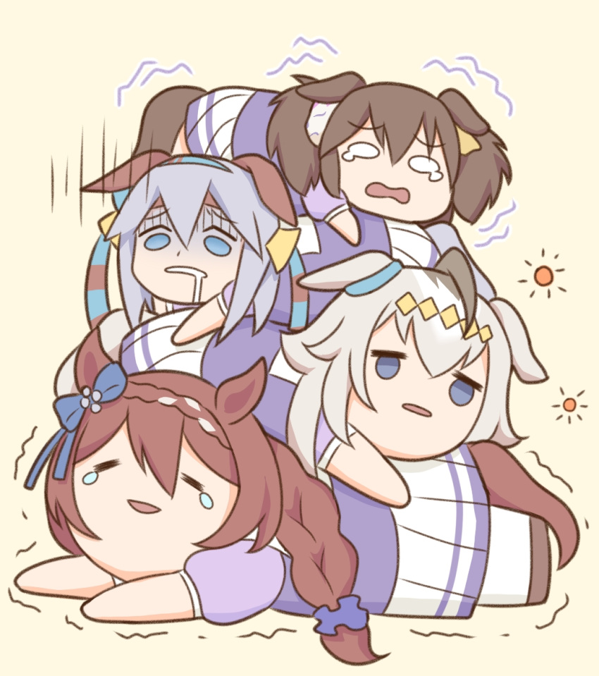 4girls, ahoge, animal_ears, blank_eyes, blue_eyes, blue_hairband, bow, braid, brown_hair, commentary_request, drooling, ear_bow, ear_covers, ear_ornament, fox_mask, grey_hair, grey_tail, hair_between_eyes, hair_ornament, hairband, headband, highres, horse_ears, horse_girl, horse_tail, inari_one_(umamusume), kantan_creek, long_hair, lying, mask, mask_on_head, mouth_drool, multicolored_hair, multicolored_hairband, multiple_girls, nervous_tama-chan_pose, oguri_cap_(umamusume), on_side, open_mouth, puffy_short_sleeves, puffy_sleeves, purple_shirt, red_headband, sailor_collar, sailor_shirt, school_uniform, shaded_face, shirt, short_sleeves, skirt, streaked_hair, super_creek_(umamusume), tail, tamamo_cross_(umamusume), tearing_up, thigh-highs, tracen_school_uniform, twintails, two-tone_hairband, umamusume, umamusume:_cinderella_gray, very_long_hair, white_hair, white_sailor_collar, white_skirt, white_thighhighs, zaijian_(xxx1148297)