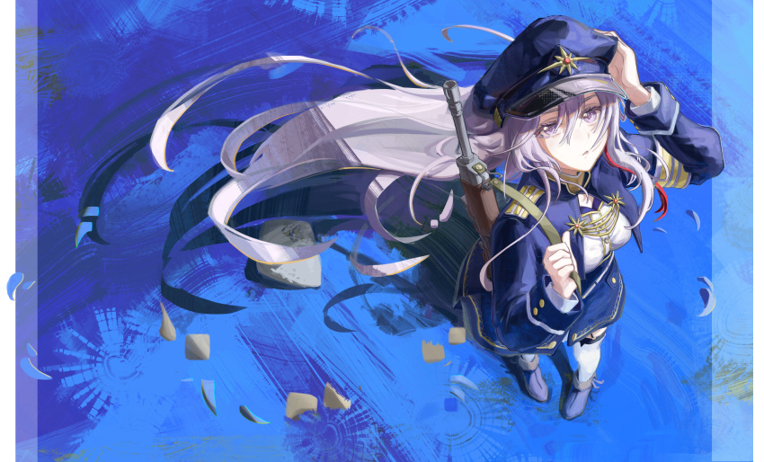 1girl, 86_-eightysix-, absurdres, blue_shoes, epaulettes, floating_hair, from_above, grey_hair
