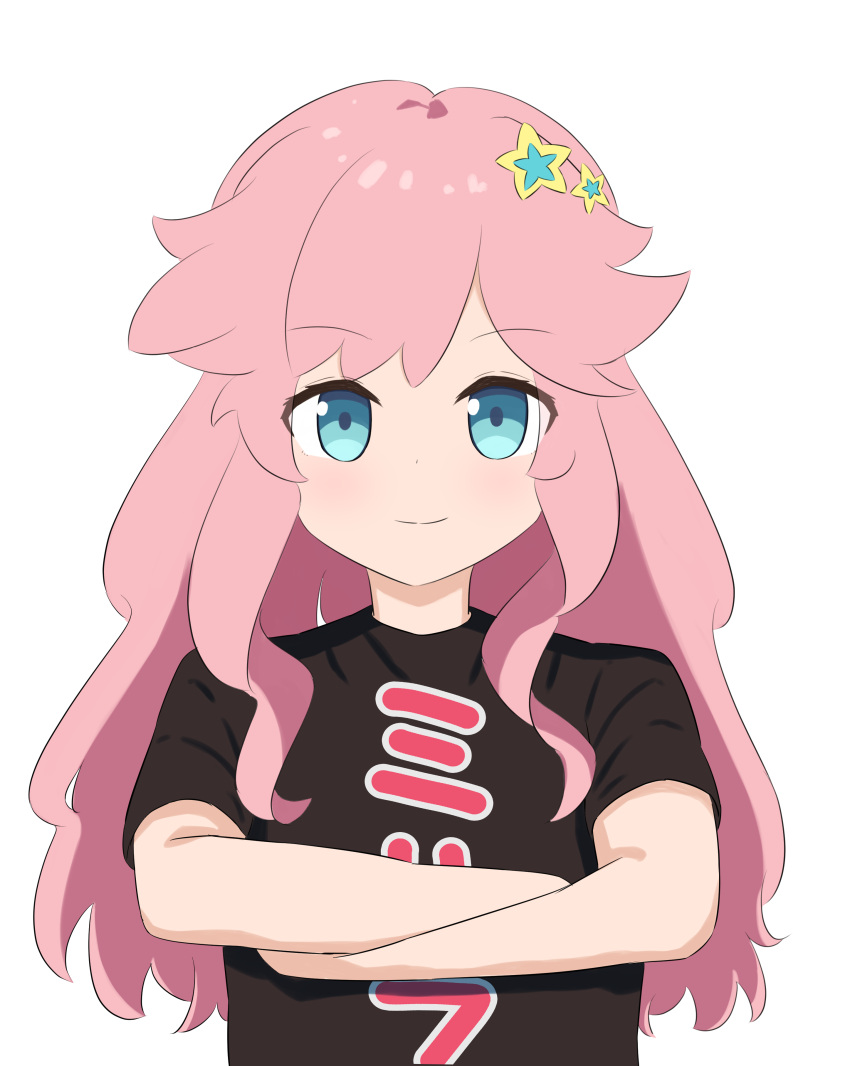 1girl, :d, absurdres, black_shirt, blue_eyes, commentary_request, cup, highres, ikizulive!_love_live!_bluebird, kanazawa_miracle, long_hair, love_live!, panayoyellow, pink_hair, shirt, smile, smug, t-shirt, yunomi